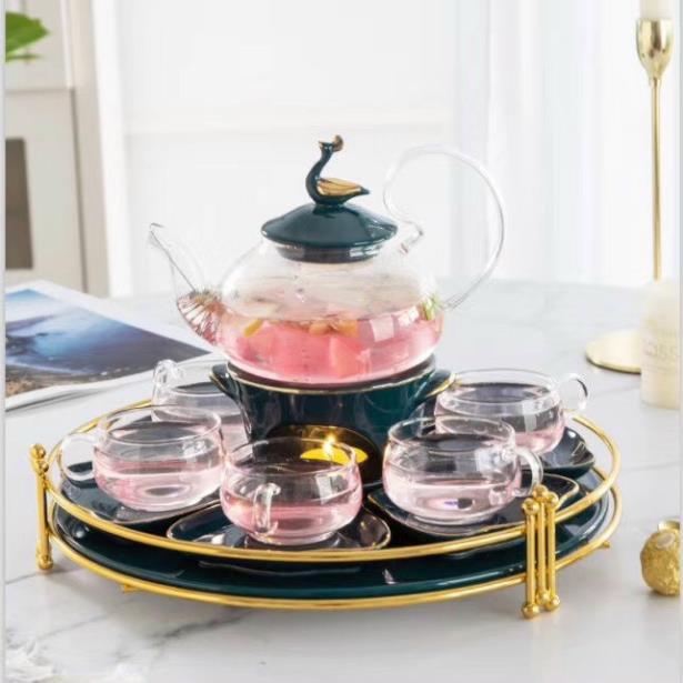 Bộ ấm chén pha trà hoa cúc ấm bằng thủy tinh chịu nhiệt kèm khay hình tròn