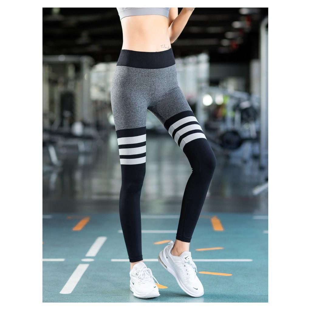 Quần legging tập gym yoga thê thao đùi phối kẻ ngang chất lượng cao cấp