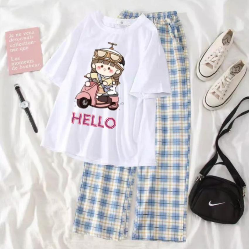 Sét Áo Và Quần, SS06 Sét Đồ Nữ Đi Chơi Đẹp In Hình Cô Gái Lái Xe Dễ Thương, Sét Áo Vải Cotton,Và Quần Kẻ Cá Tính