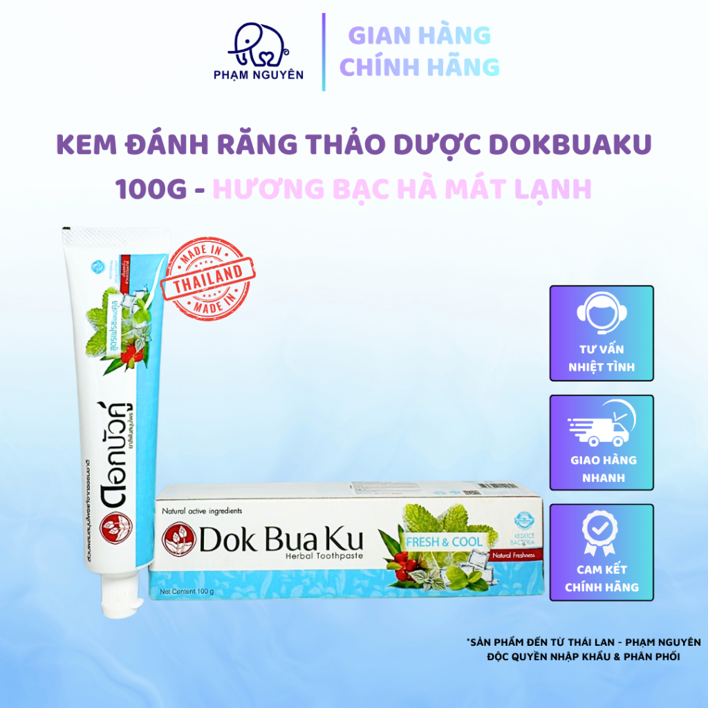 Kem đánh răng thảo dược thơm mát trắng sáng răng hương bạc hà Dokbuaku COOL &amp; FRESH - 100g/Tuýp