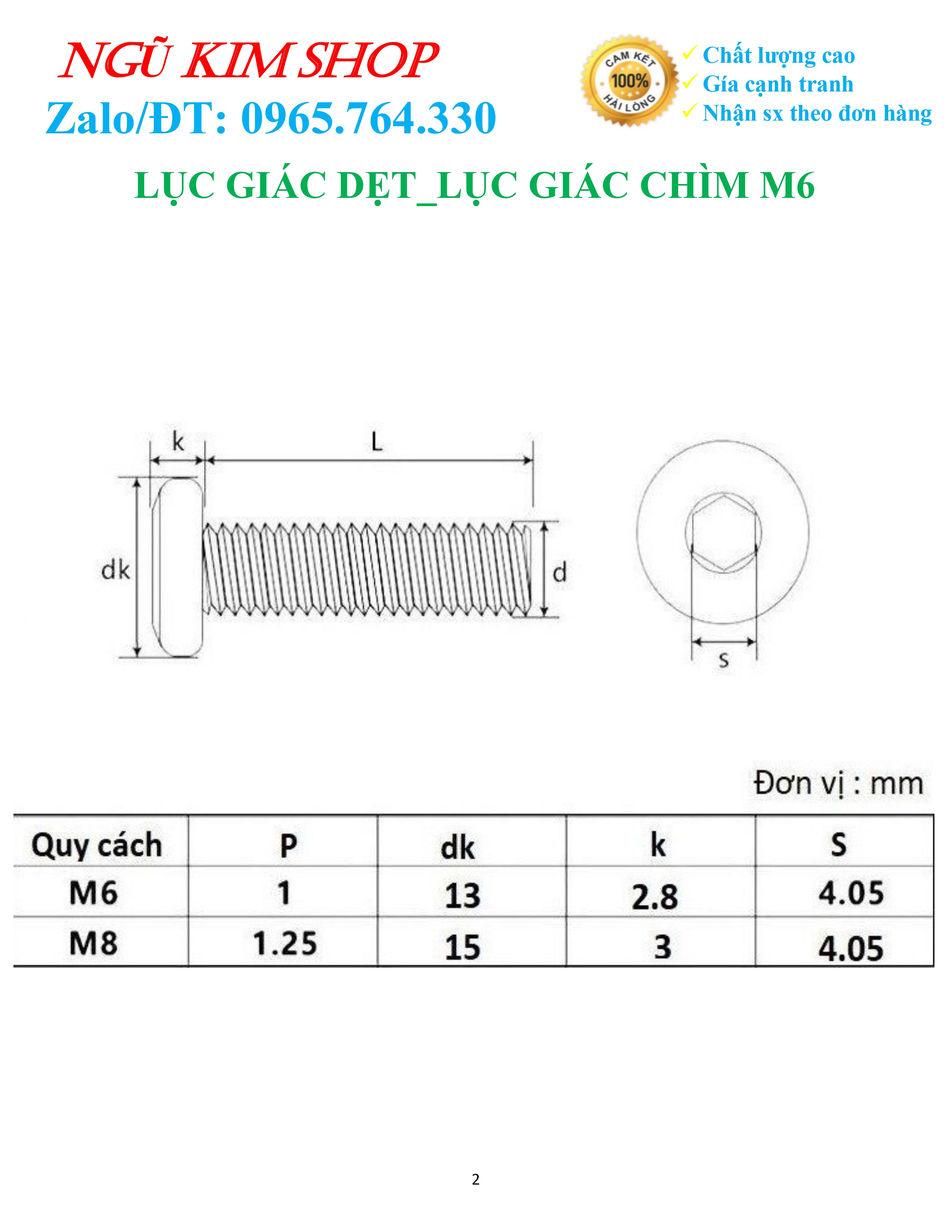 LỤC GIÁC DẸP _ BULONG LỤC GIÁC CHÌM M6 x L