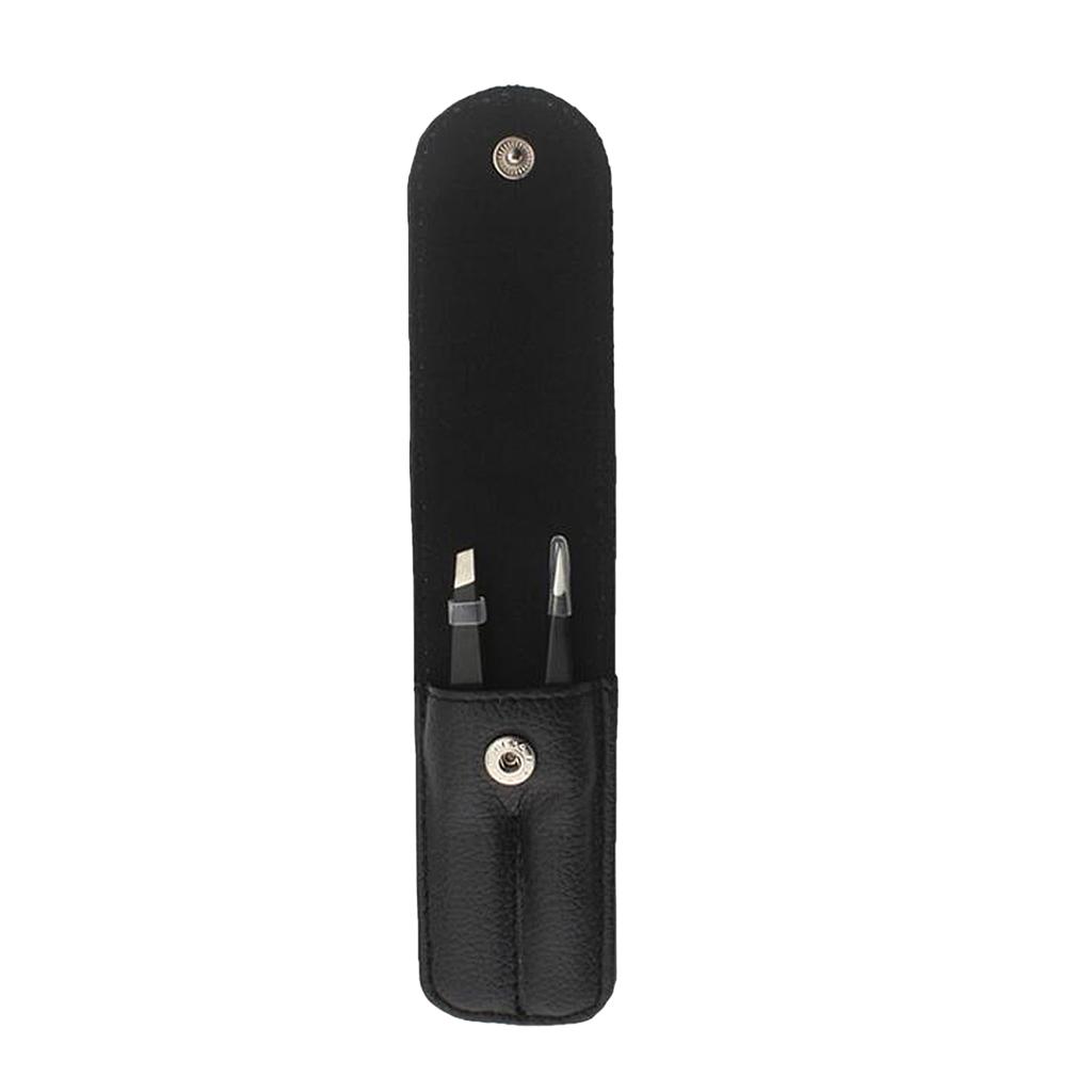 2pcs Stainless Steel Eyebrow Splinter Facial Hair Removal Precision Flat Point Tweezers Set with Leather Case, Black