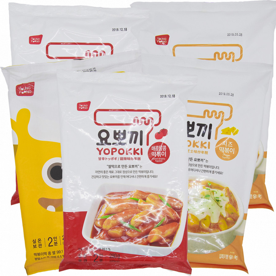 Combo 5 gói lớn: 2 Phomai, 2 Cay ngọt, 1 Xốt bơ hành - Bánh gạo Hàn Quốc Yopokki