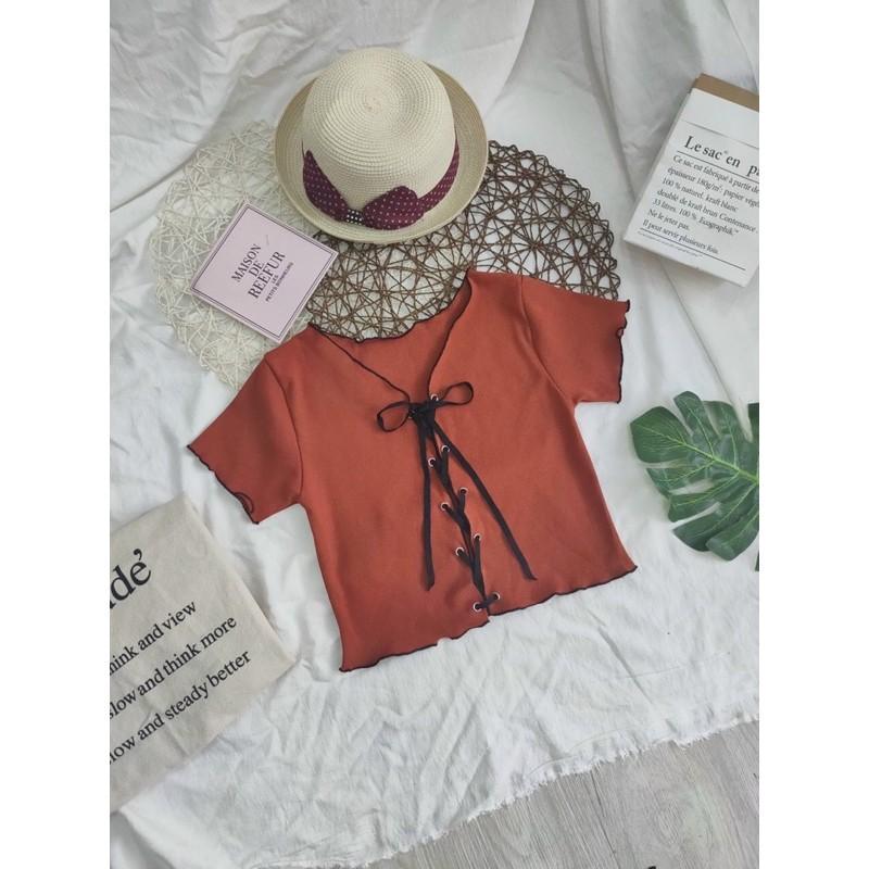 Áo croptop đan dây mắt cáo, ảnh thật trải sàn
