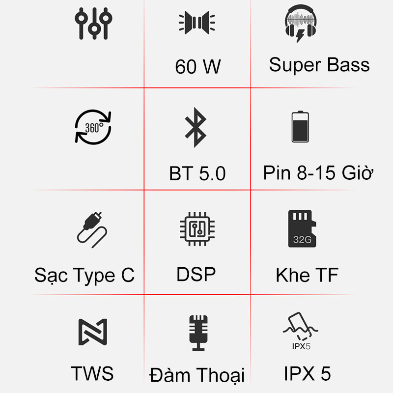 Loa Bluetooth 60W công suất lớn Super Bass chống nước IPX5 pin 6600MAH sạc nhanh Type C công nghệ AI Hàng Chính Hãng PKCB