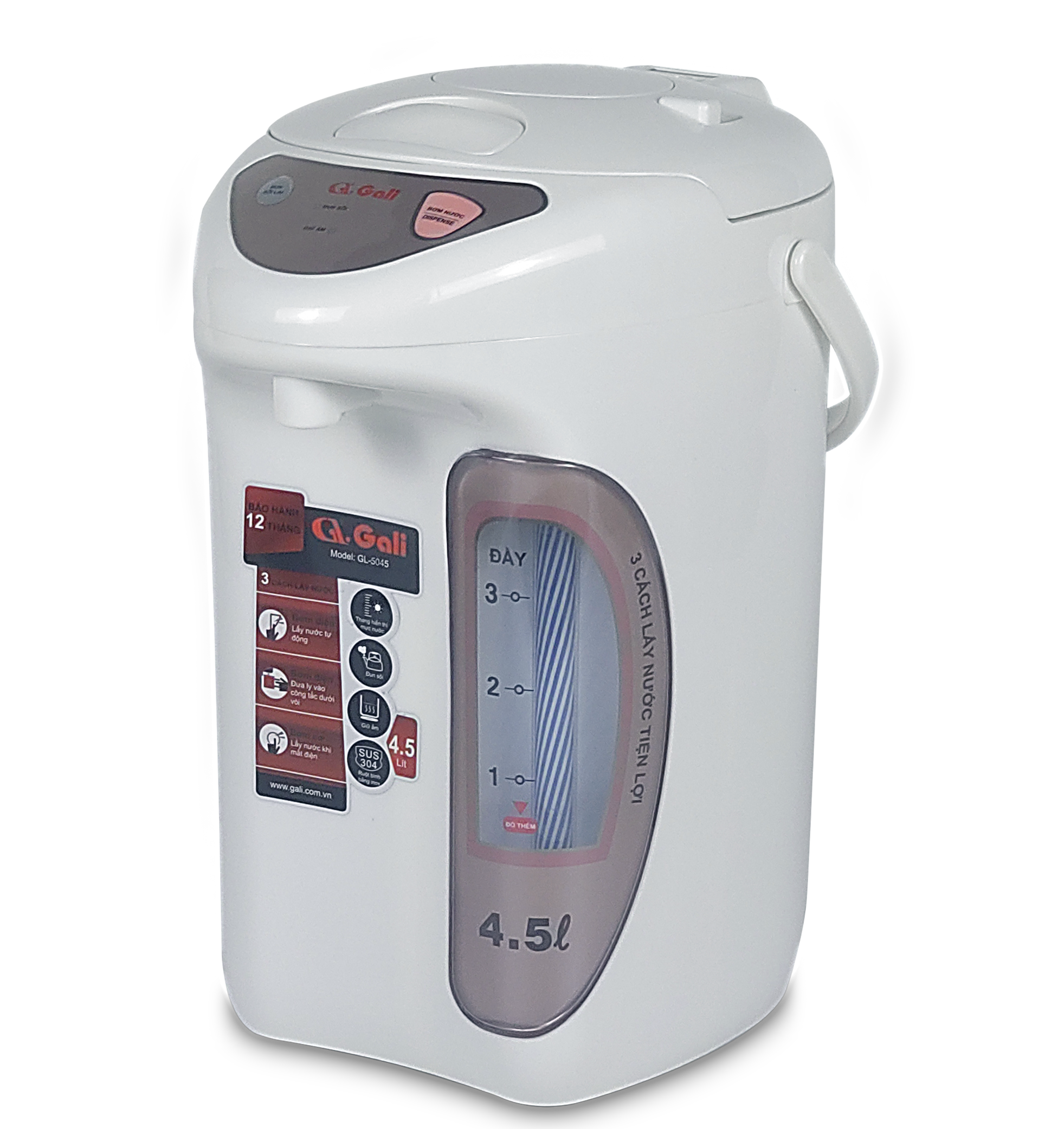 Bình thủy điện Gali GL-5045 dung tích 4.5 lít, phích cấu tạo 2 lớp thân ngoài nhựa, ruột inox 304, hàng chính hãng 100% Gali, bảo hành 24 tháng