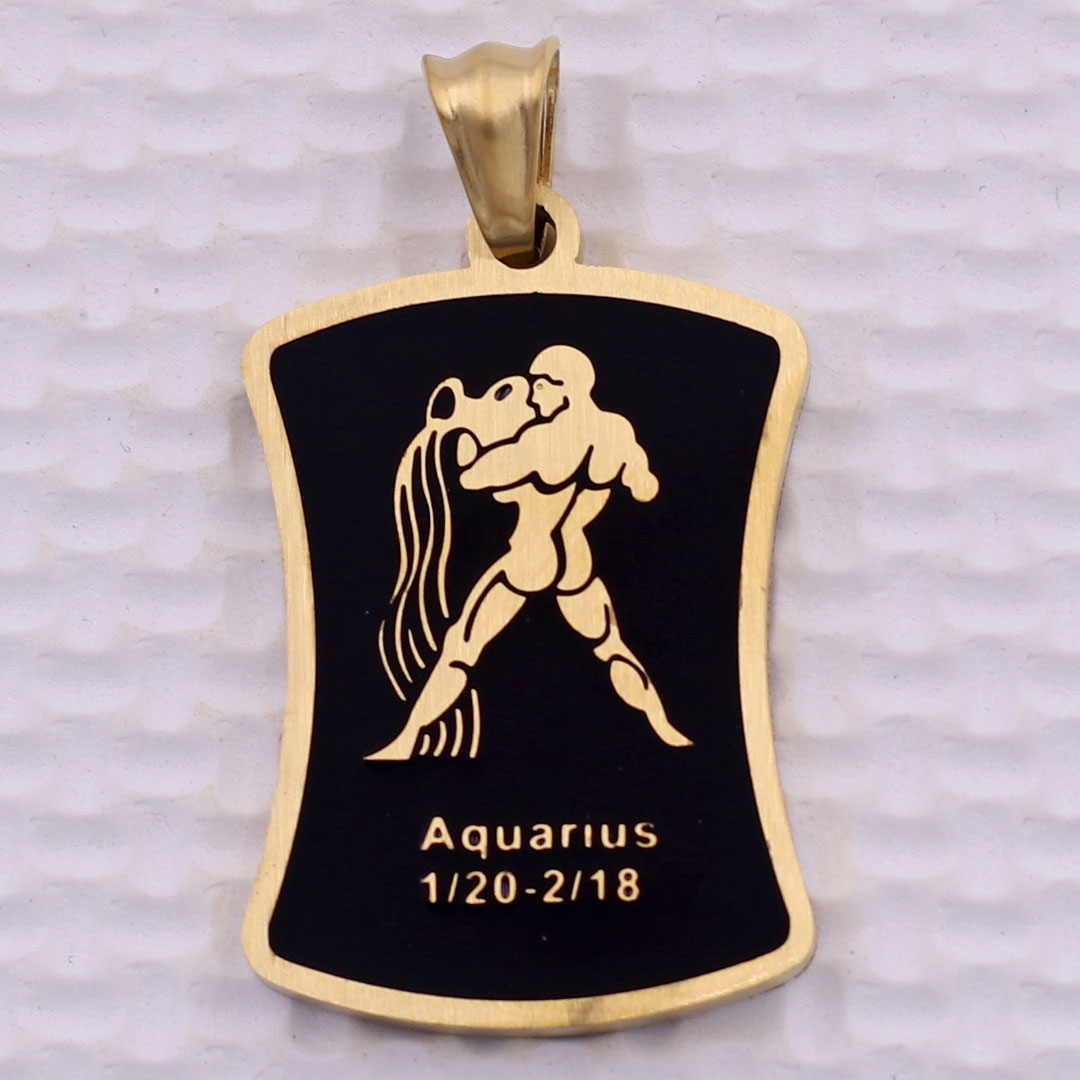 Mặt dây chuyền cung Bảo Bình - Aquarius inox vàng kèm vòng cổ dây da đen, Cung hoàng đạo