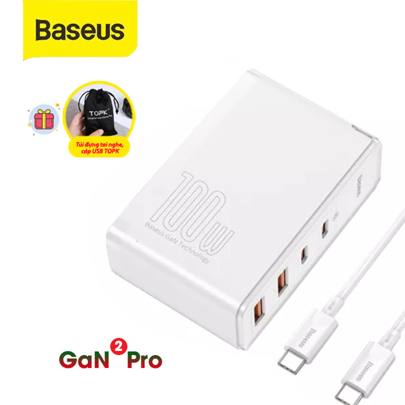 (Tặng kèm một túi đựng TOPK) Bộ sạc nhanh Baseus GaN 2 Pro 100W giao diện cổng USB, Type-C, USB -A , USB-C  QC3.0, QC4.0 cho điện thoại, laptop-Hàng chính hãng