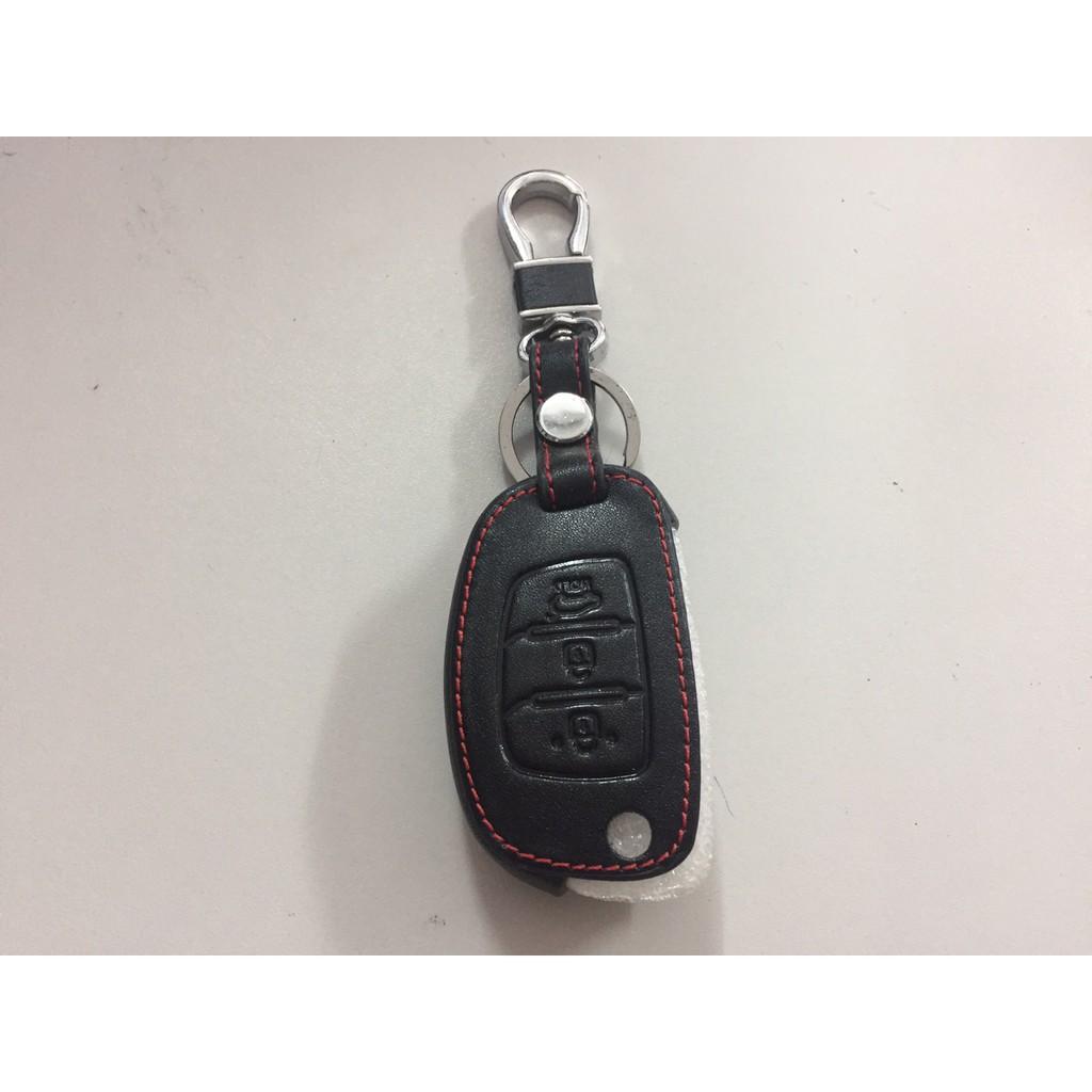 Bao da chìa khóa đen chỉ đỏ dành cho xe GRAND I10, Elantra - chìa gập