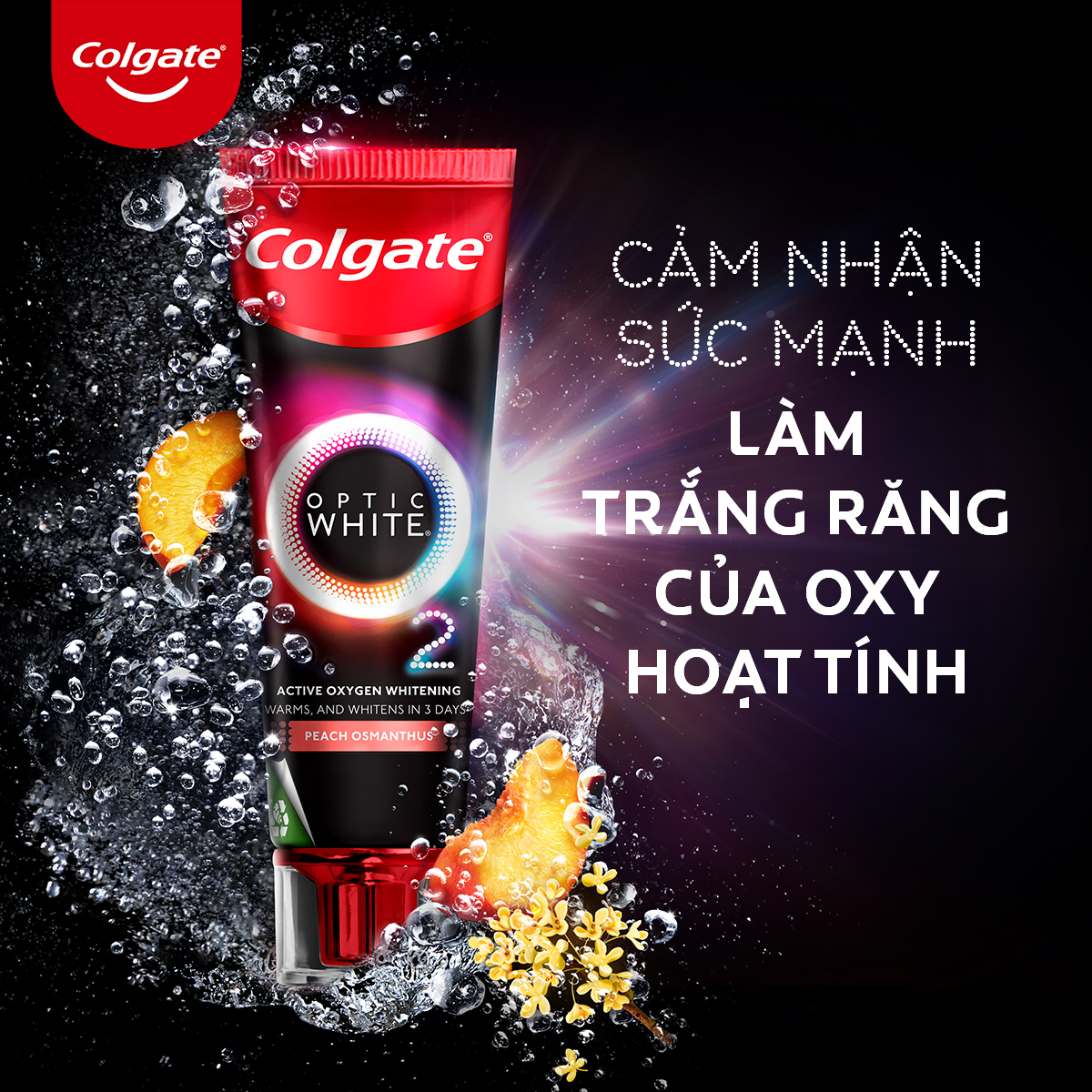 Bộ 2 Kem Đánh Răng Colgate Optic White O2 Oxy Hoạt Tính trắng răng 3 ngày 85g Hương đào