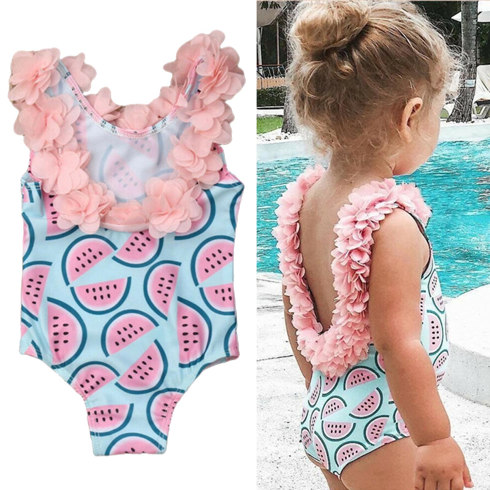 One-Piece Baby Girl Swimsuit Watermelon 6-24 Months 2-4 Years Infant Toddler Swimwear Bikini Bathing Suit with Floral Decorative V Neck