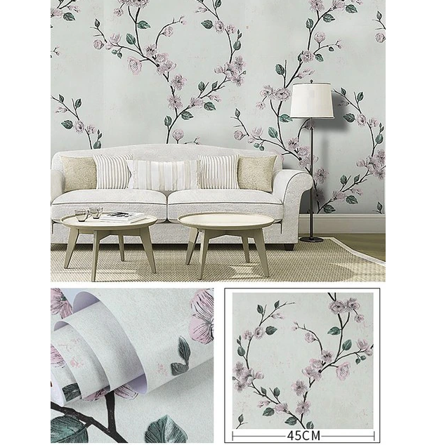 Combo 10 mét giấy dán tường, decal dán tường trang trí nhà cửa NHÀNH HOA CỔ ĐIỂN NHẠT khổ 45cm