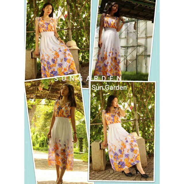 ĐC06_Sun Garden_Đầm maxi hoa dây cam tím nền trắng rực rỡ thanh lịch