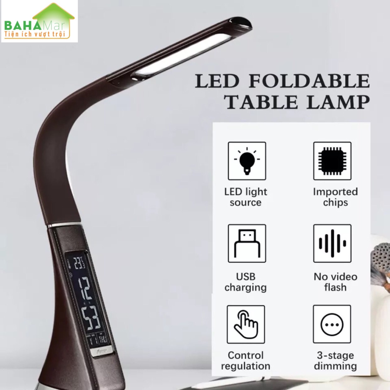 ĐÈN LED ĐỂ BÀN CHỐNG CHÓI CHỐNG CẬN  TIỆN DÙNG CHO HỌC TẬP, LÀM VIỆC VÀ ĐỌC SÁCH &quot;BAHAMAR&quot; tích hợp đồng hồ báo thức, lịch, thời gian và màn hình hiển thị nhiệt độ,có thể điều chỉnh 3 mức độ sáng mềm mại và không chói mắt