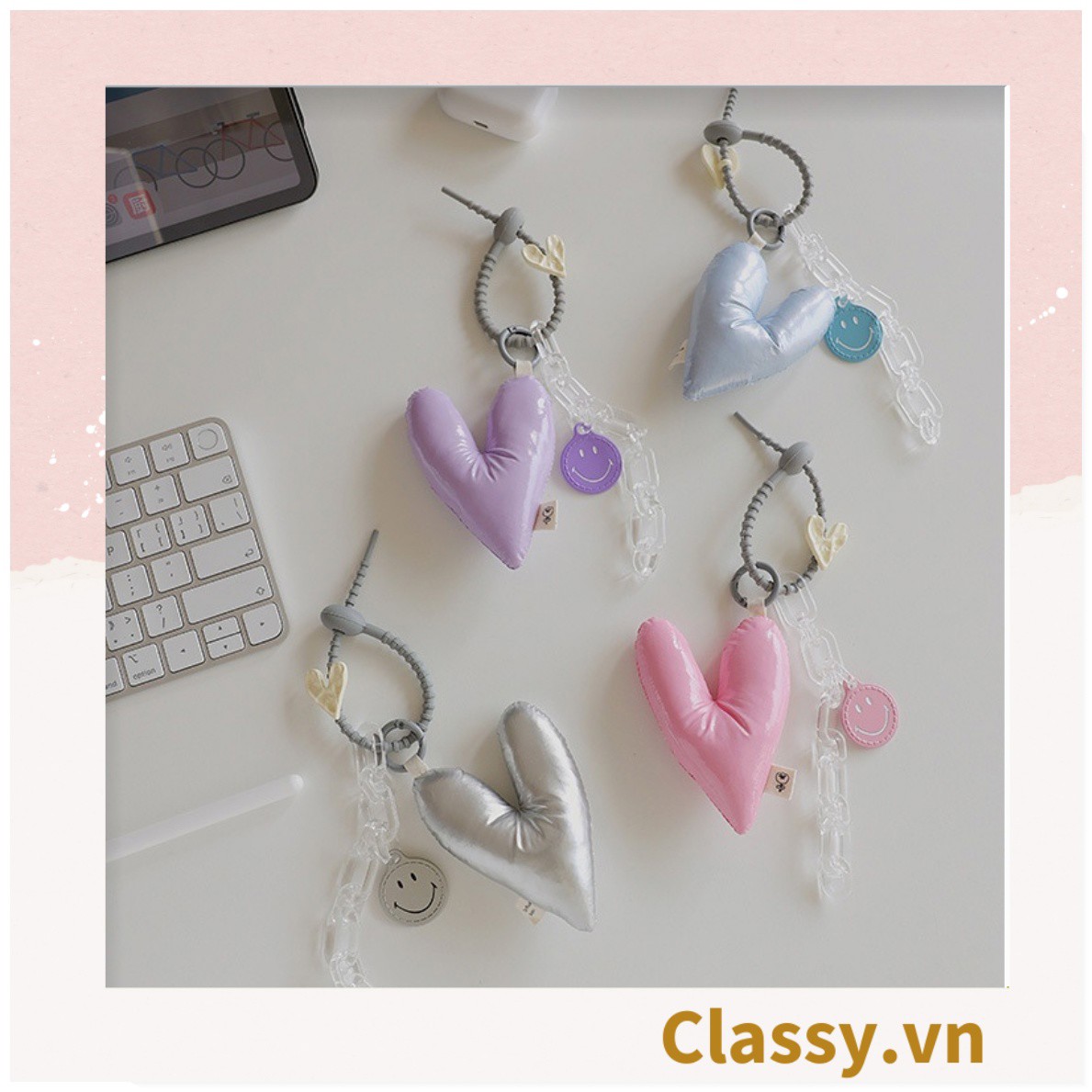 Classy Móc khóa đeo túi, ba lô hình trái tim metalic màu bạc , móc khóa  balo, ví T1766