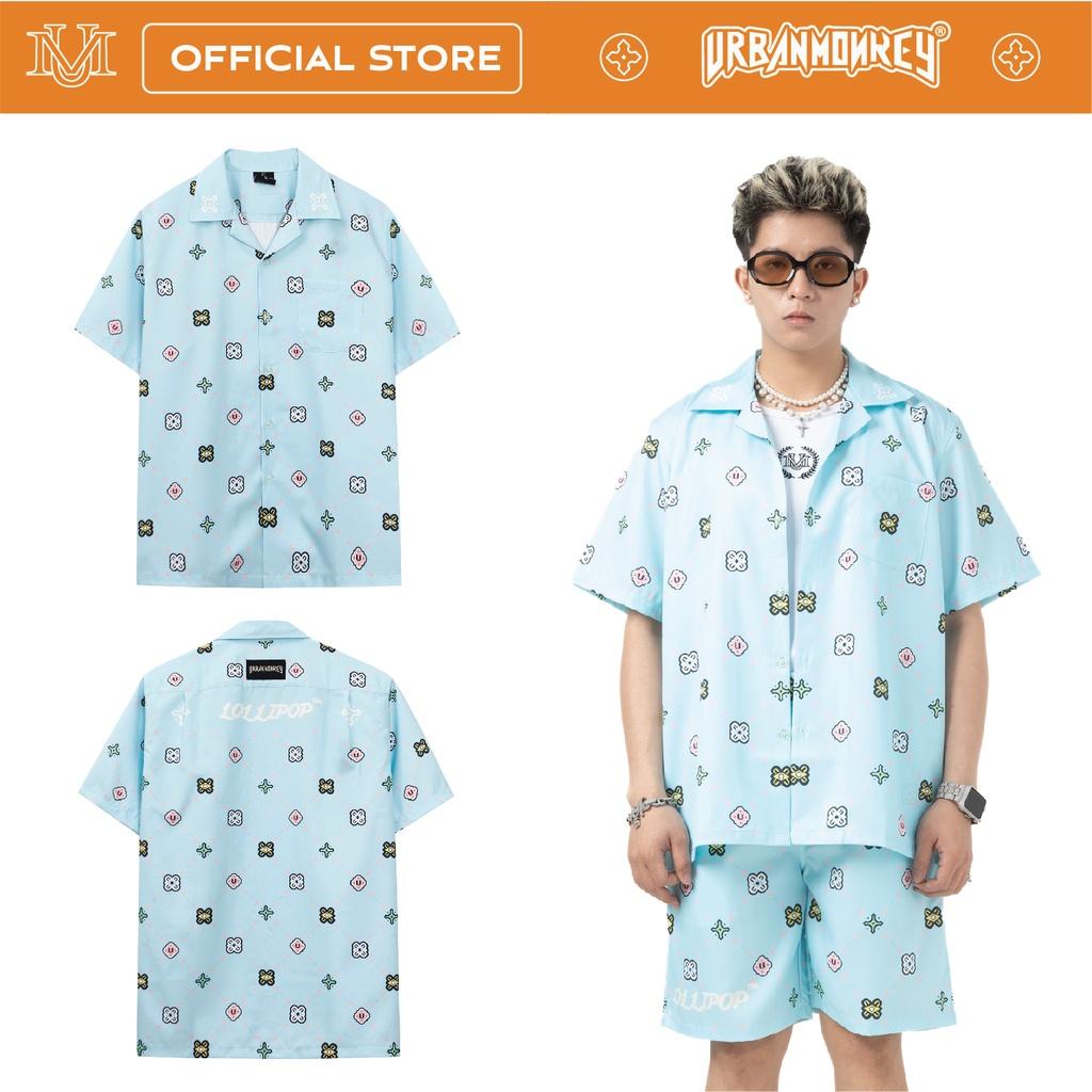Đồ Bộ Sơ Mi Quần Short URBAN MONKEY LOLIPOP Xanh Dương Họa Tiết