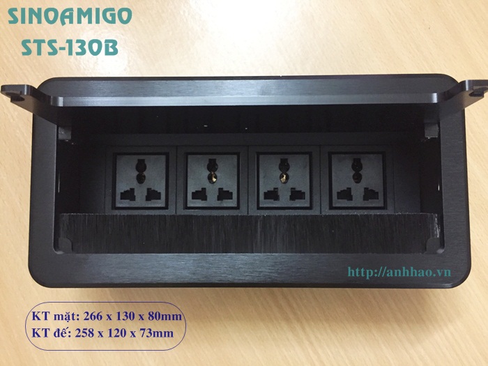 Ổ điện âm bàn văn phòng Sinoamigo STS-130B màu đen, thiết kế nắp lật, mặt nắp nhôm xước dễ bền đẹp, Ổ cắm lắp theo yêu cầu: điện, lan, tel, hdmi, vga, usb sạc