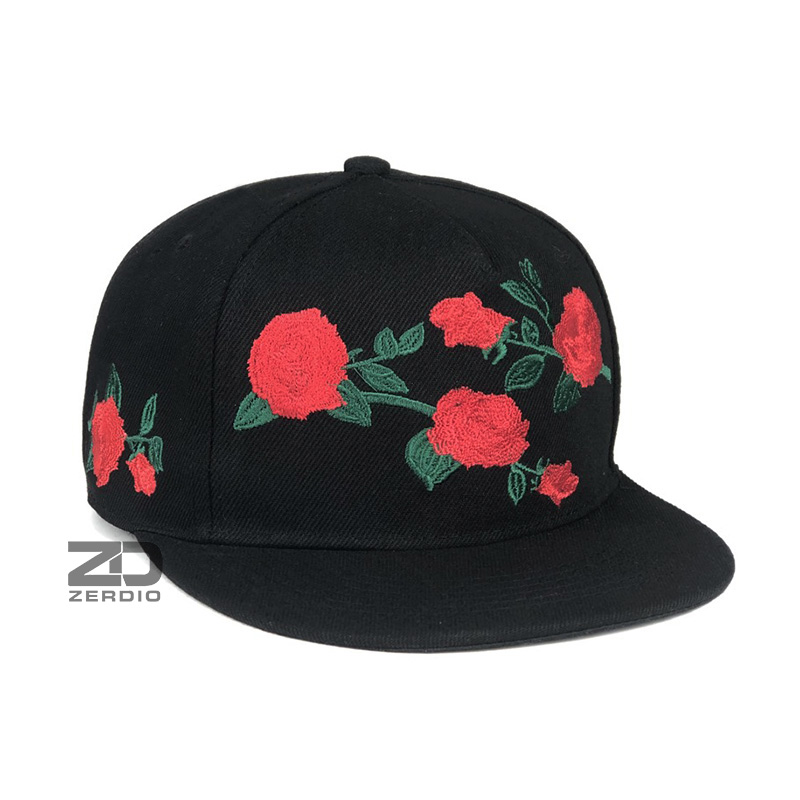 Nón snapback, Mũ hiphop nam nữ đen họa tiết hoa hồng