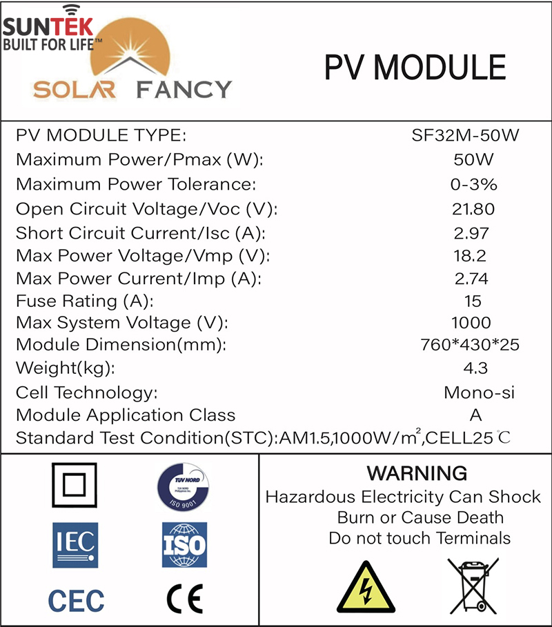 Tấm PIN Năng Lượng Mặt Trời SUNTEK SF32M-50W - Chống Nước/Bụi | Chuyên dụng cho Đèn/Quạt Tích Điện & Acquy Lưu Trữ Điện | Tuổi thọ từ 30 đến 50 năm - Hàng Chính Hãng