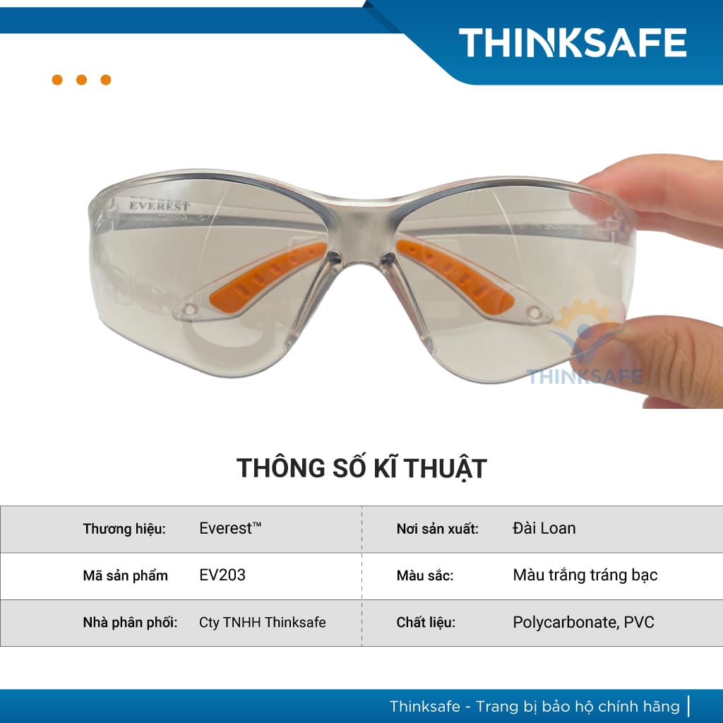 Mắt kính bảo hộ lao động Everest Thinksafe, Kính bảo vệ mắt trong suốt, chống bụi, chống tia UV, dùng đi đường (Trắng tráng bạc)