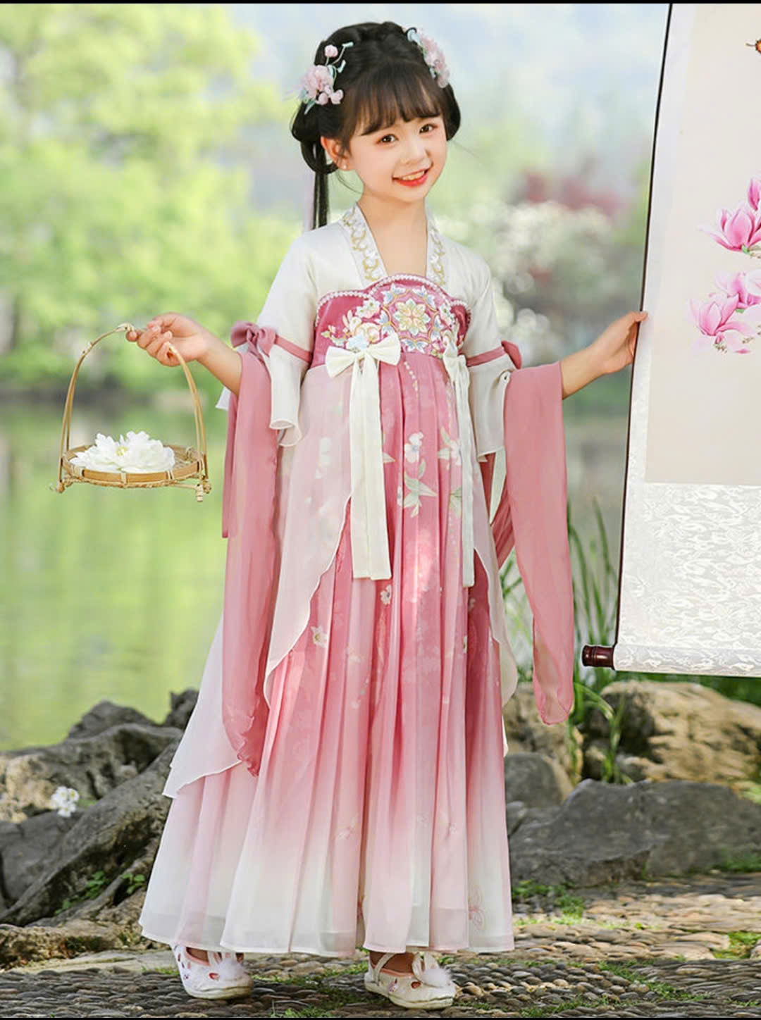 Đầm váy công chúa cổ trang hanfu thêu hoa cho bé gái diện lễ tết trung thu đẹp size 100-160 hàng Quảng Châu
