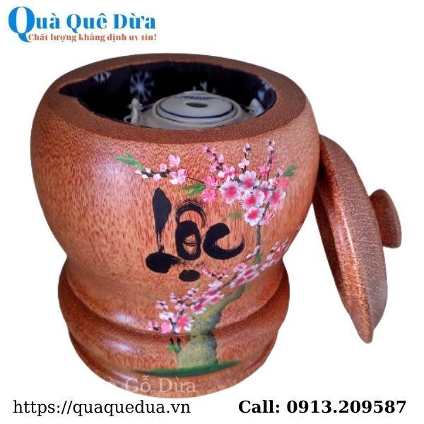 Bình Trà Gỗ Dừa Hoa Văn Lồng Chữ Lộc Và Bình Trà 700 - 950ml - Sản Phẩm Được Sản Xuất Tại Bến Tre