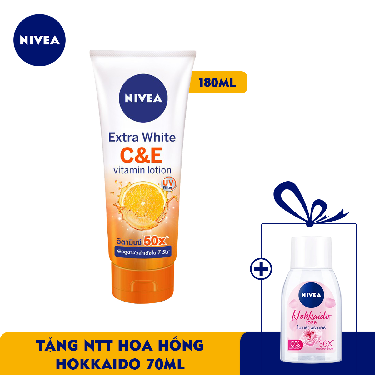 [KÈM QUÀ TẶNG] Sữa Dưỡng Thể Dưỡng Trắng Nivea EXTRA WHITE C&amp;E / C&amp;A VITAMIN - 180ML - Sữa dưỡng thể dưỡng trắng Nivea NIVEA EXTRA WHITE C &amp; E VITAMIN - 180ML + Tặng NTT Hoa Hồng Hokkaido 70ml 94050