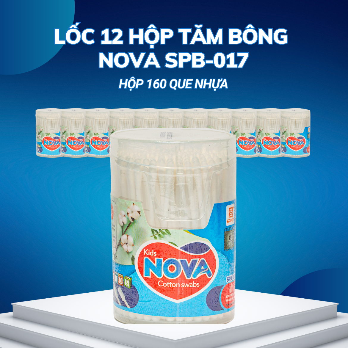 Lốc 12 hộp Tăm bông Nova trẻ em thân nhựa hộp vát 160 que SPB-017