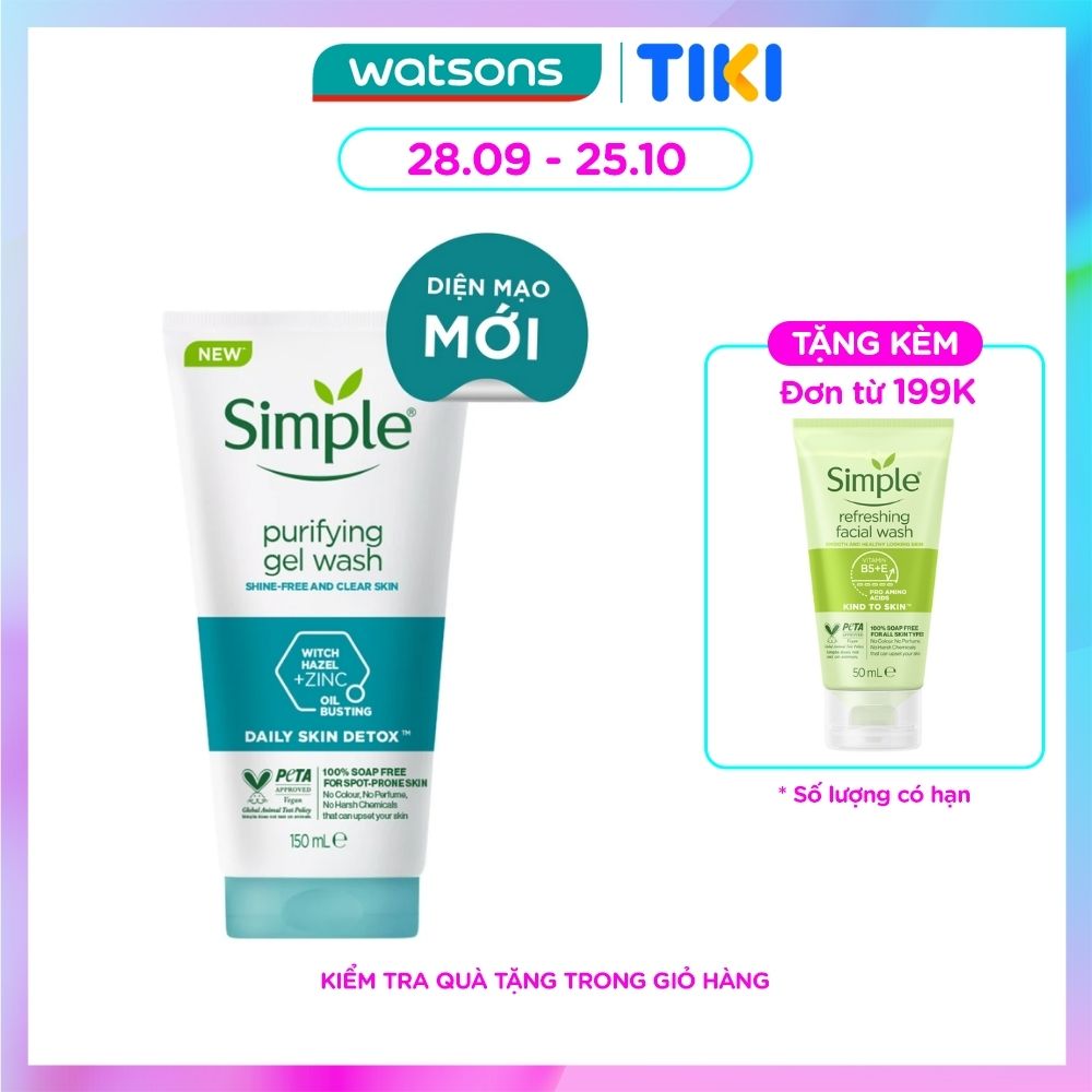 Gel Rửa Mặt Simple Purifying Daily Skin Detox Dành Cho Da Dầu và Da Nhạy Cảm 150ml