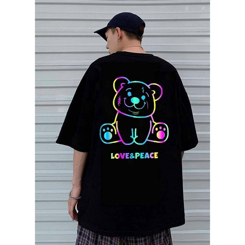 Áo thun phản quang 7 màu in chú gấu cute LOVE PEACE sau áo,phong cách năng động đáng yêu,Áo Thun Tay Lỡ Phản Quang 7 Màu Love Myself