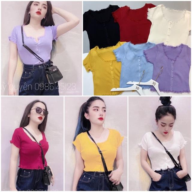 Áo len croptop cổ V phối viền ren