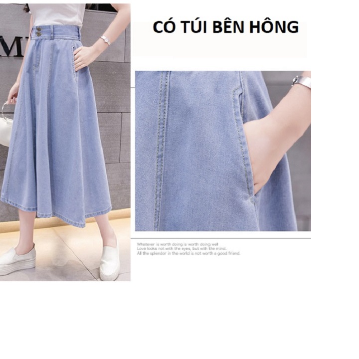 Chân váy jean xòe dài 2 nút màu xanh nhạt C011