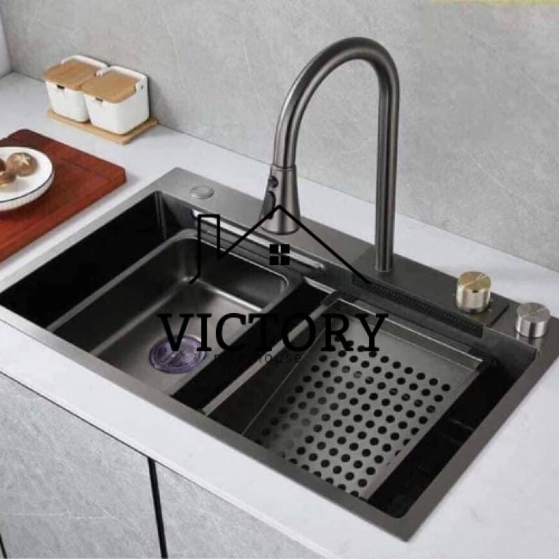 [ Tặng xịt nước rửa chén ]Chậu rửa bát 1 hố lớn bồn rửa chén 1 hộc phủ nano kèm vòi rút đa năng xả thác nước 3 chế độ