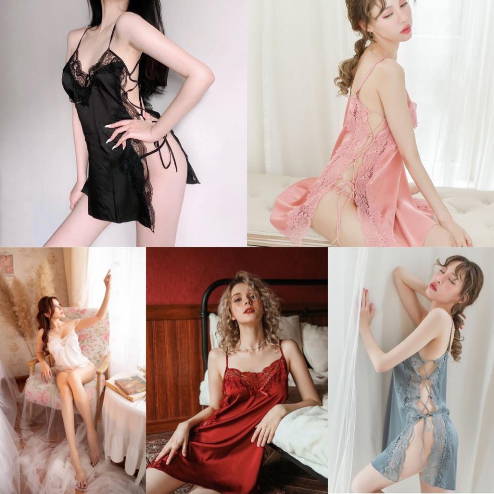 Váy ngủ lụa xẻ hông dây đan Quảng Châu cao cấp quyến rũ *