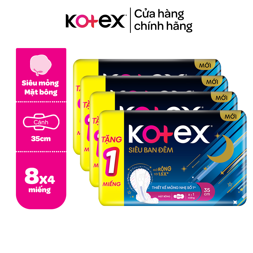 Combo 04 gói băng vệ sinh Kotex ban đêm mặt bông 8 miếng 35 cm và mặt lưới 12 miếng 28cm siêu mỏng cánh 