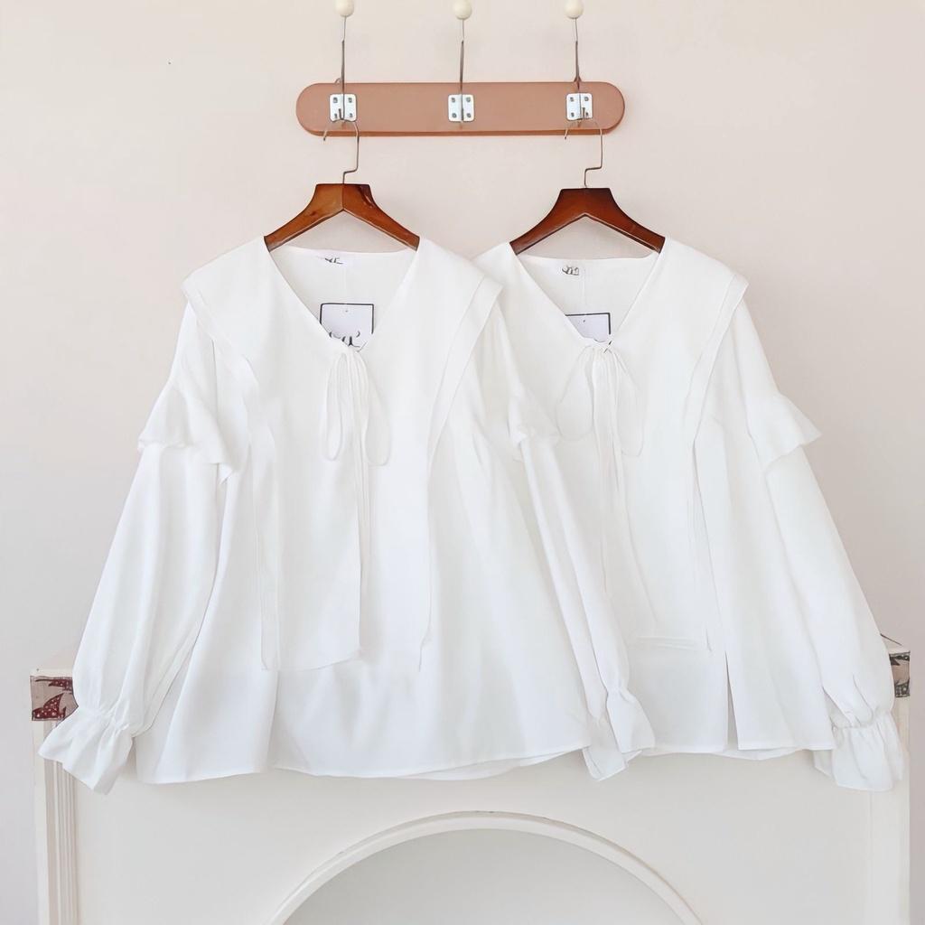 Áo Sơ Mi Nữ Babydoll Dài Tay Cổ Sen Buộc Nơ Tay Bèo