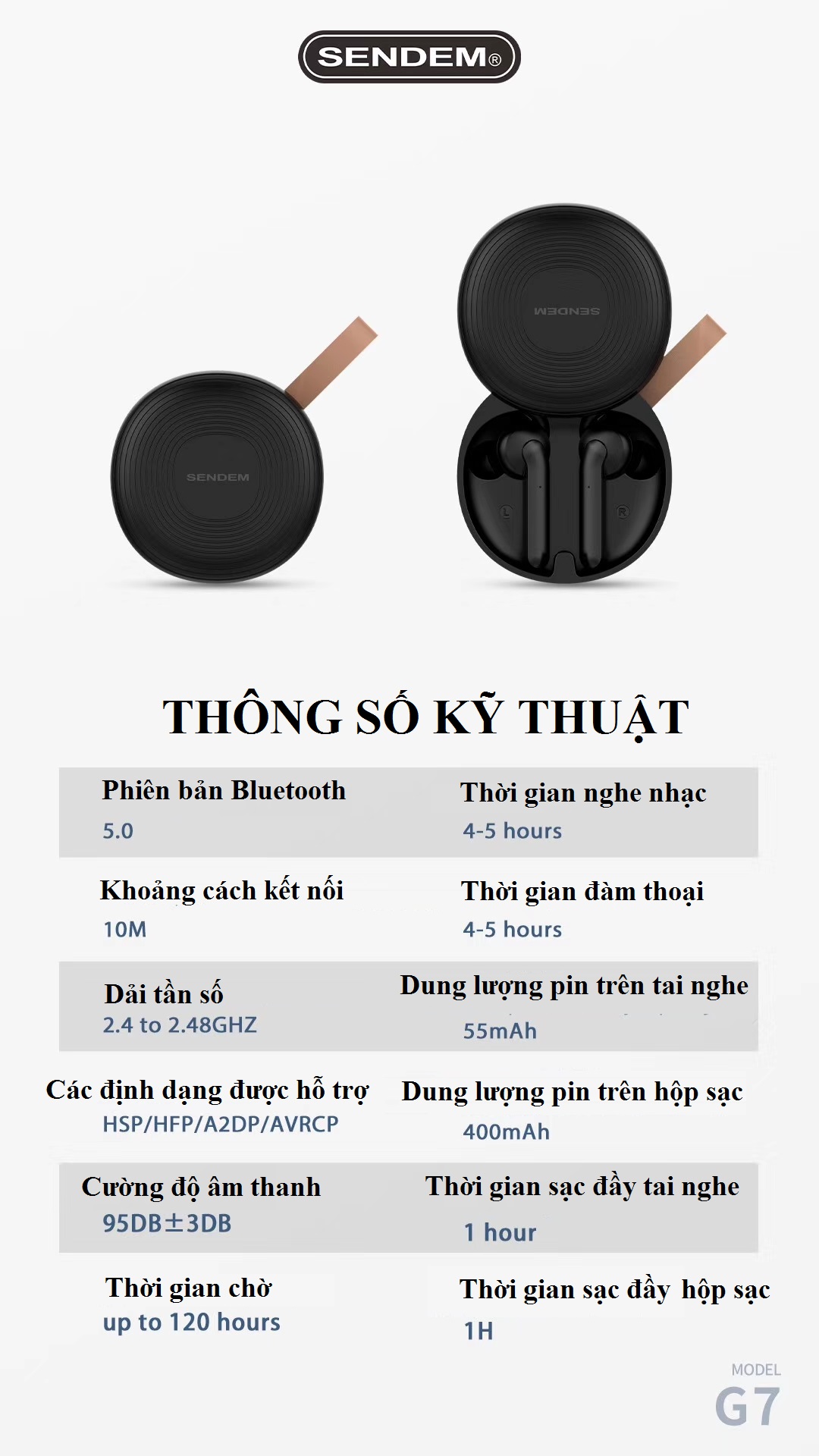 Tai nghe Bluetooth v5.0 TWS SENDEM G7 hàng cao cấp, thiết kế thể thao và đẳng cấp - Âm thanh cực đỉnh, chống ồn tốt - Hàng chính hãng