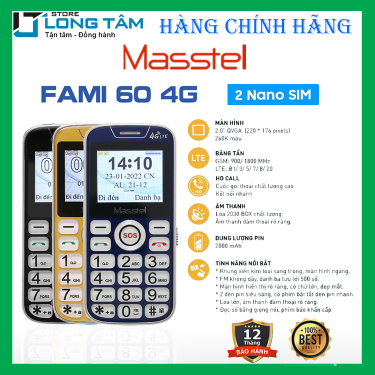 Điện thoại hiệu Masstel Fami 60 - Hàng chính hãng - Giá rẻ - hỗ trợ 4G - dành cho người lớn tuổi