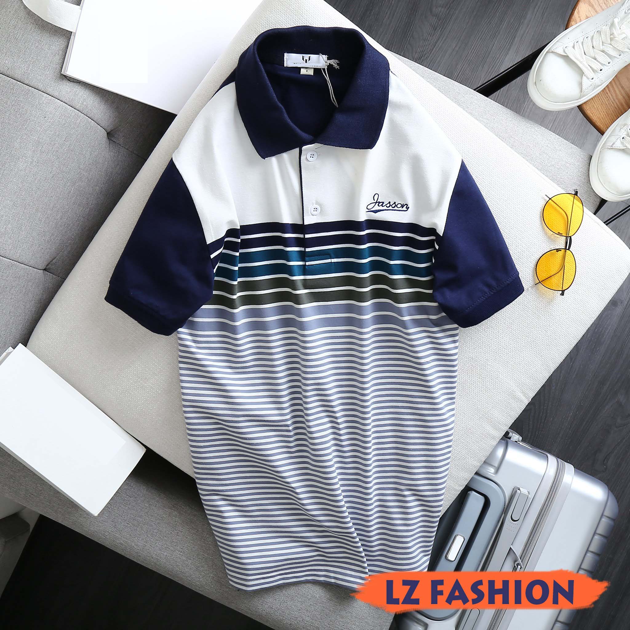 ÁO THUN CỔ BẺ PHỐI SỌC LOGO CHỮ THÊU TRẺ TRUNG - LZ FASHION - LZPS147