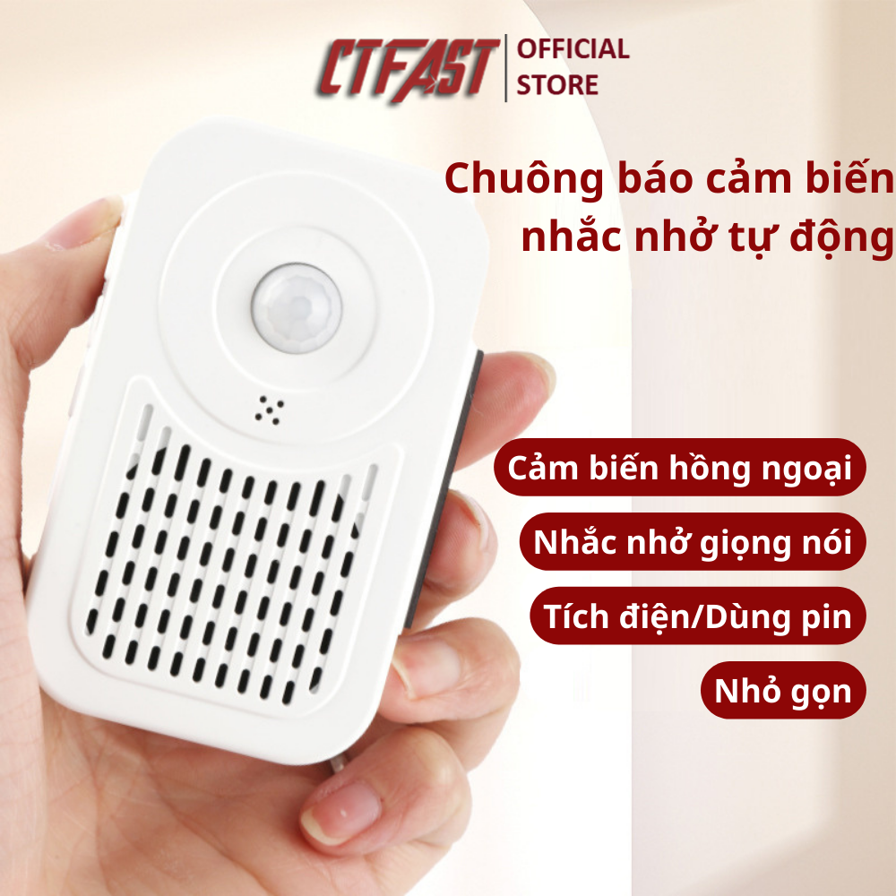 Chuông báo khách cảm biến hồng ngoại không dây CTFAST-DB06 : Tùy chỉnh âm thanh nhắc nhở đóng cửa, tắt điện, đeo khẩu trang, rửa tay sát khuẩn... bằng giọng nói phù hợp với cửa hàng, cơ quan, trường học