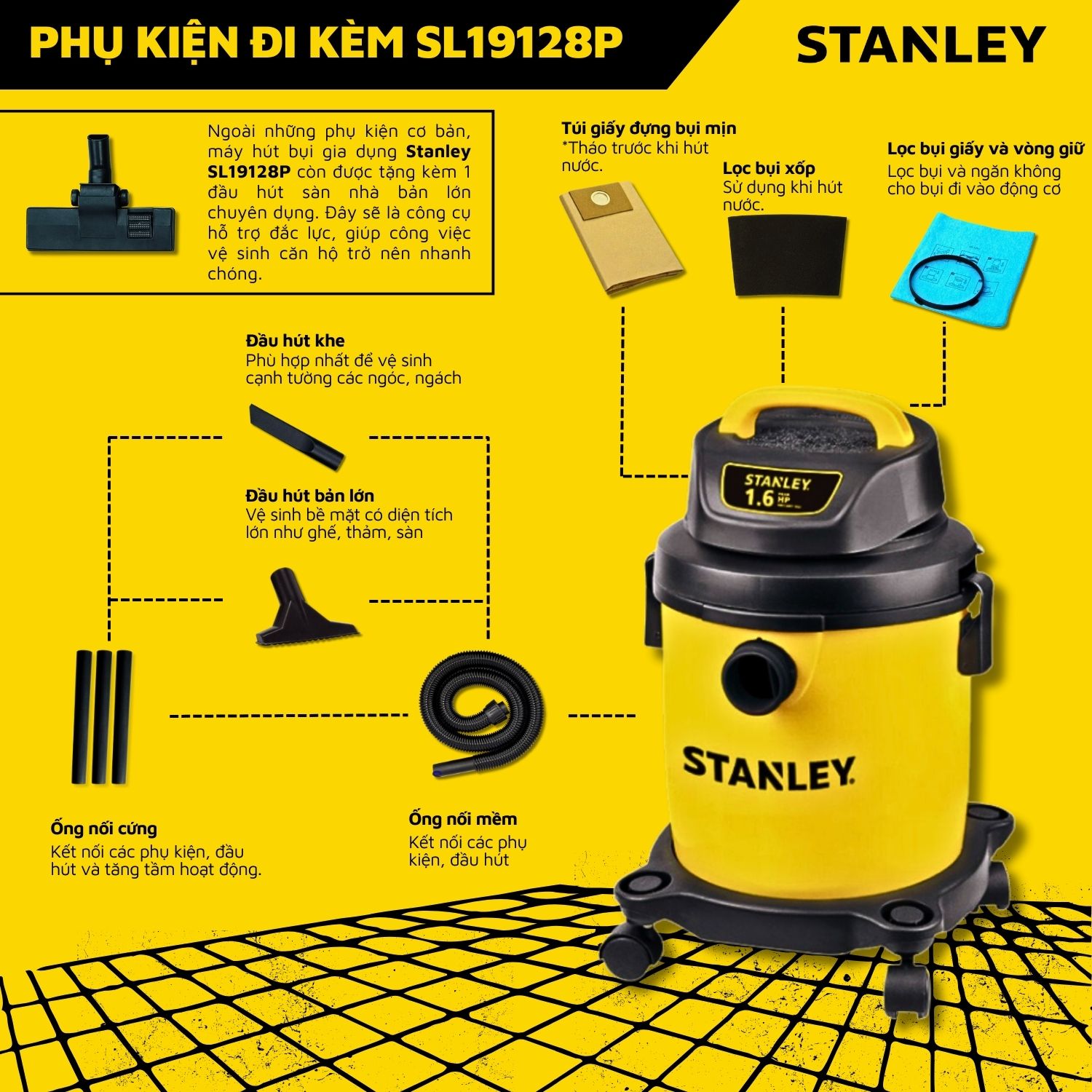 Máy Hút Bụi Gia Đình Stanley SL19128P - 9L - 1.6 peak HP - Hút Bụi Khô &amp; Ướt - Hàng Chính Hãng