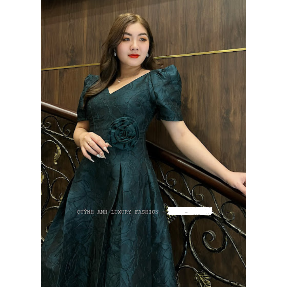 Đầm Xoè Tapta Hoa Xanh Rêu Cao Cấp Frances Dress