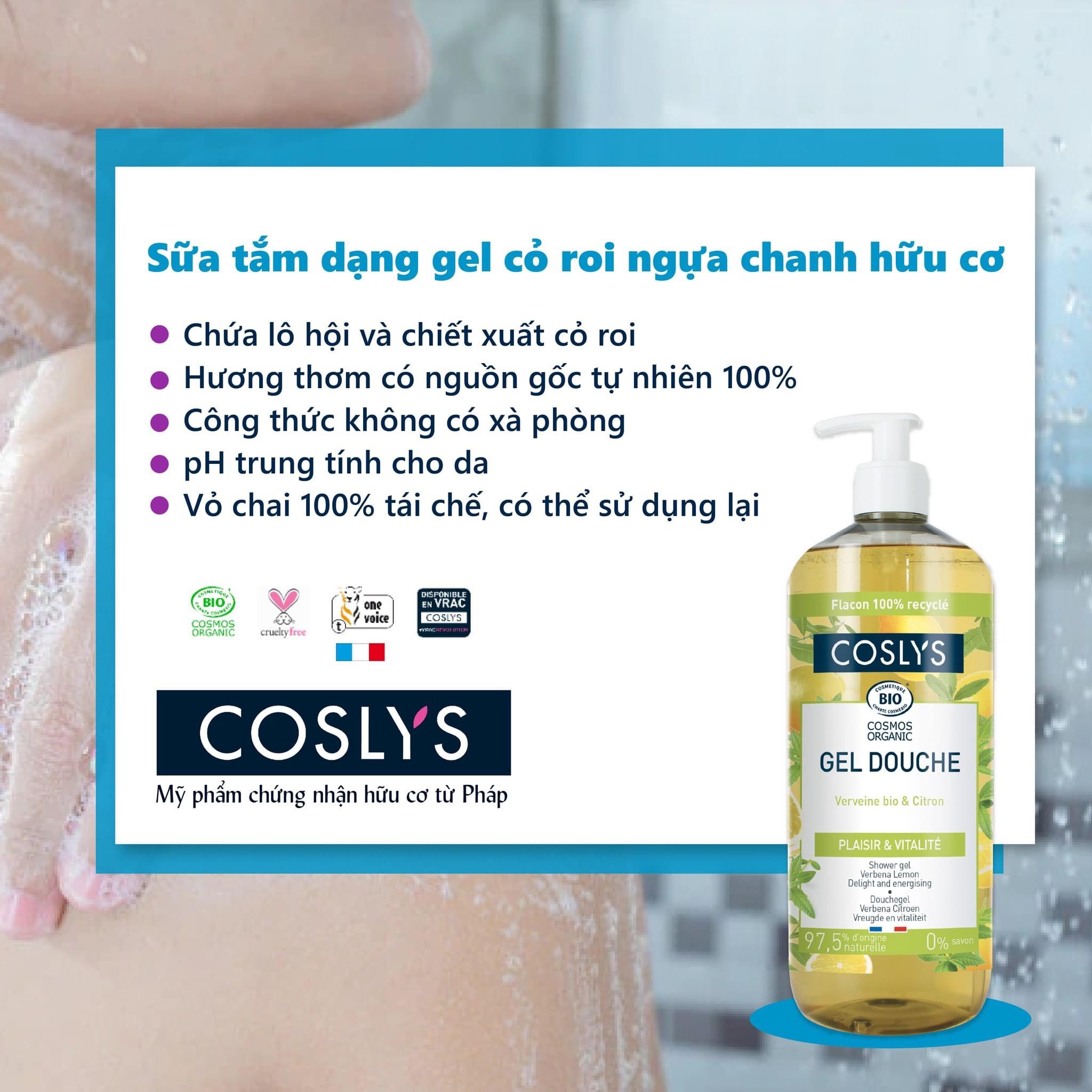 Sữa tắm hữu cơ dạng Gel hương cỏ roi ngựa và chanh 1L - Coslys