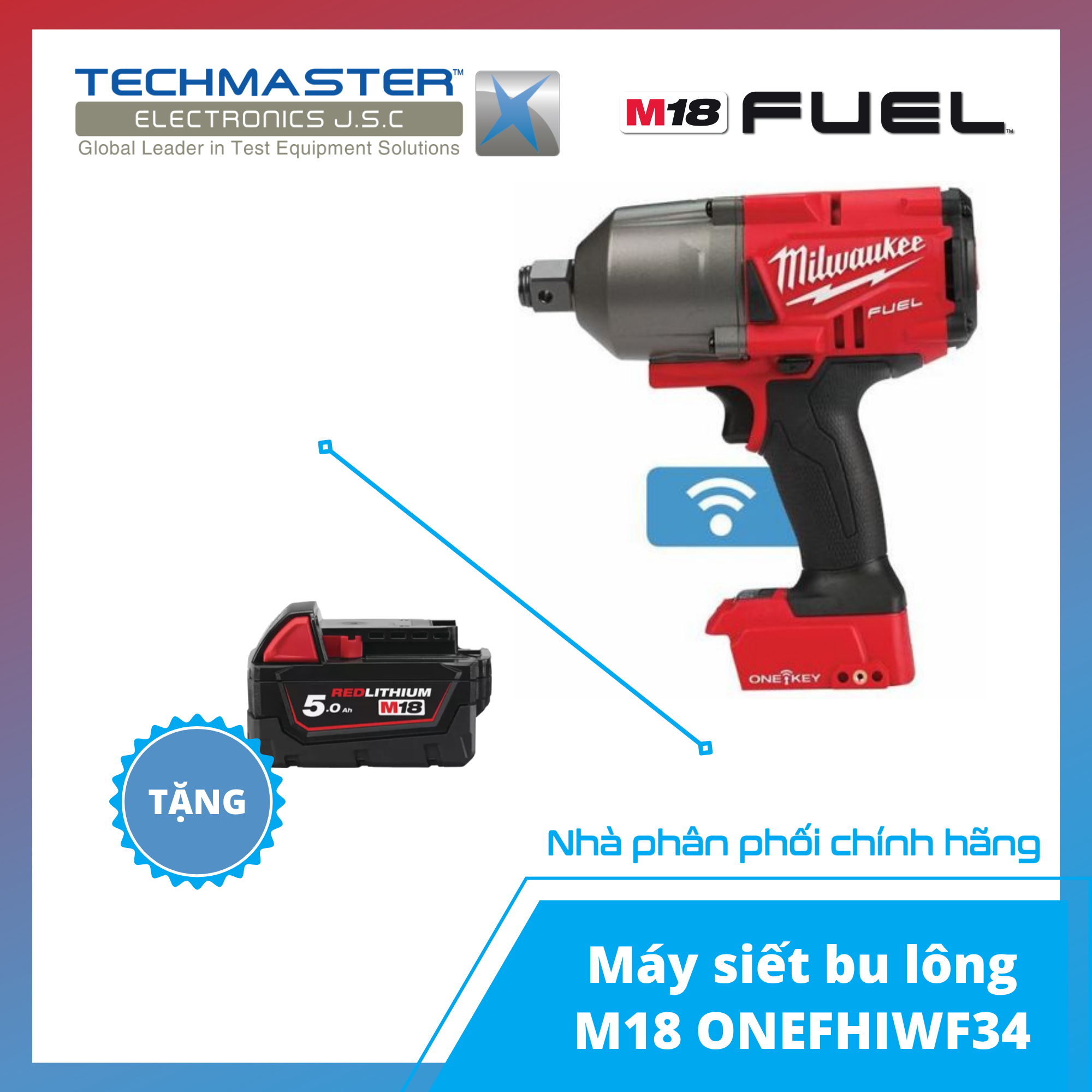 Máy siết bu lông Milwaukee M18 ONEFHIWF34-0X + TẶNG PIN 18V 5.0Ah - M18B5 (Hàng chính hãng Bảo hành 12 tháng)