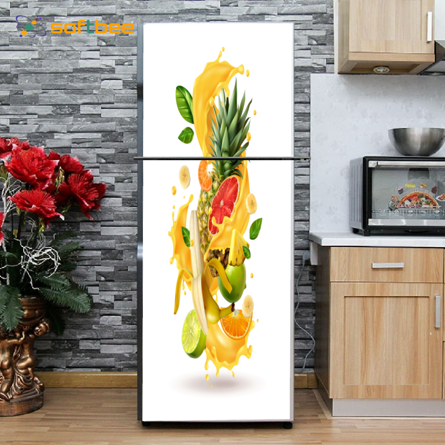 Miếng dán tủ lạnh chất liệu decal chống nước, in hình hoa quả nền trắng