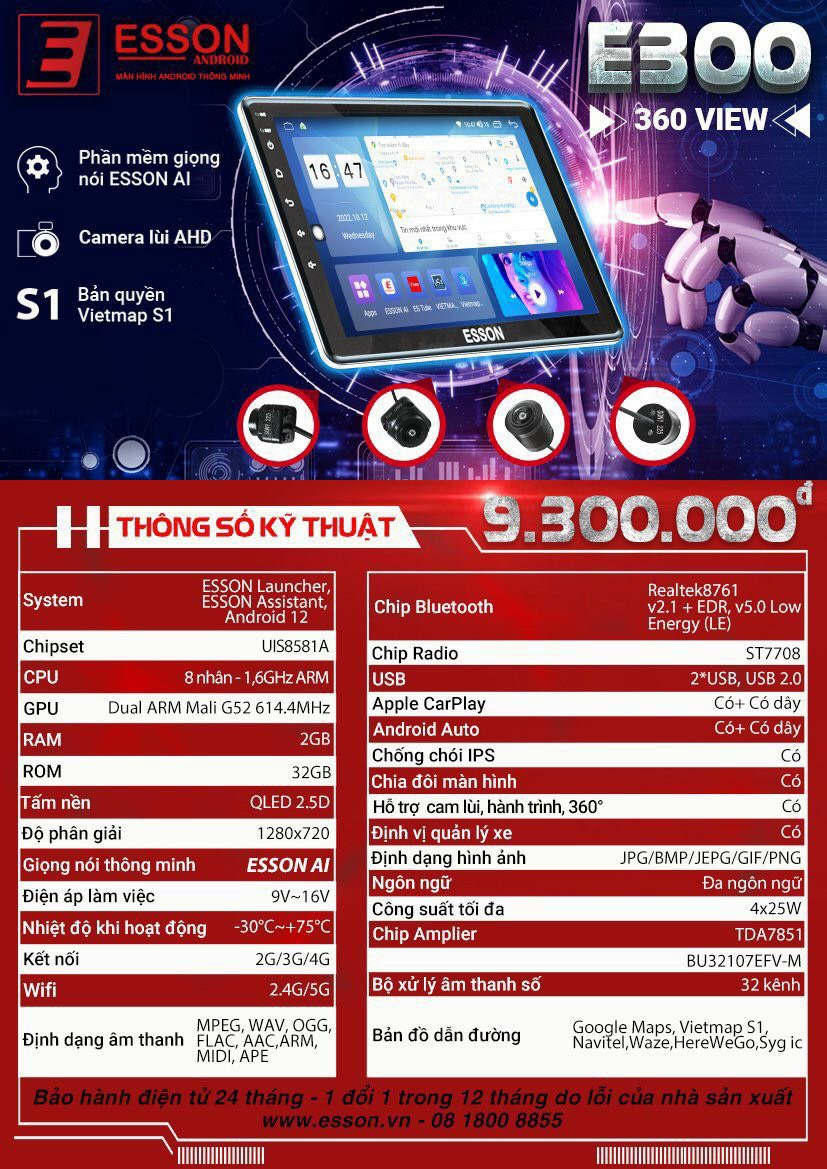 Màn hình cho xe ô tô ANDROID ESSON E300 - MMKauto