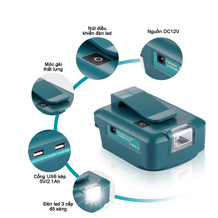 Đế chuyển pin makita thành sạc dự phòng với 2 cổng USB 5V2.1Ah, cổng DC12V tích hợp đèn led 3 chế độ sáng