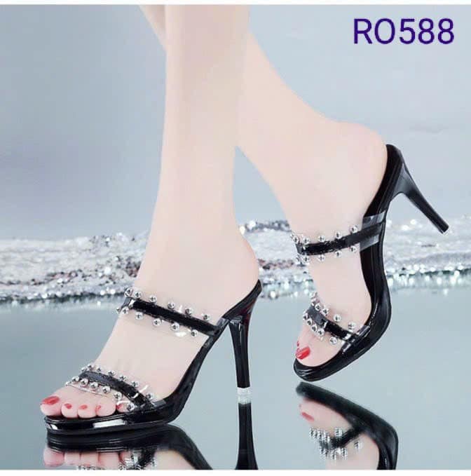 Giày sandal nữ cao gót 8 phân hàng hiệu rosata hai màu đen bạc ro588