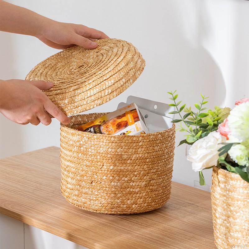Giỏ Đan Rơm Thủ Công Có Nắp Đậy Đựng Đồ Ăn Vặt Để Bàn Tiện Lợi