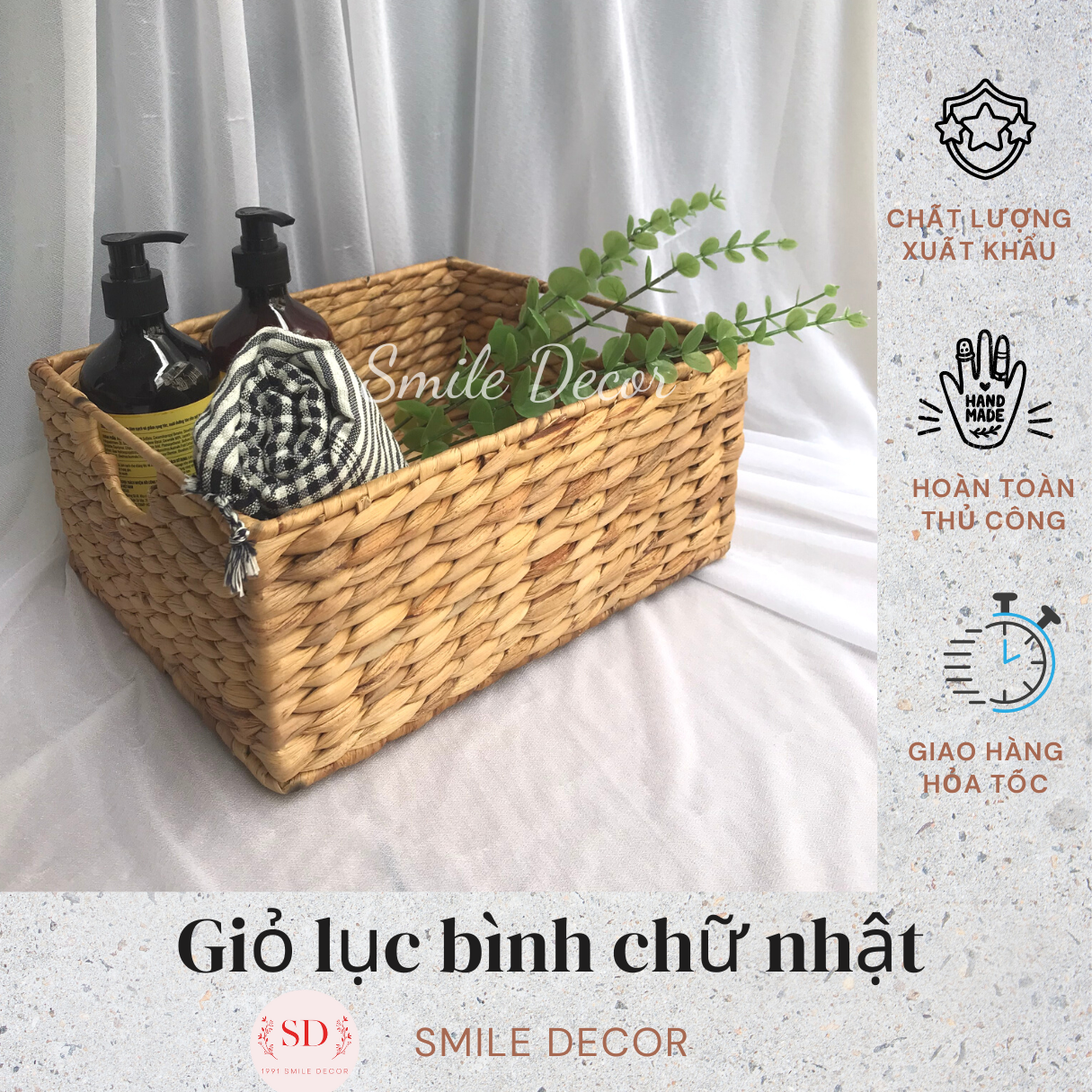 Sọt lục bình đựng đồ đa năng Smile Decor trang trí kệ sách, kệ tivi – Rectangle water hycinth basket